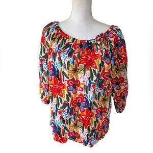 Hester & Orchard Linen Blend Colorful Womens 3/4 Sleeve Shirt Peasant Top XL